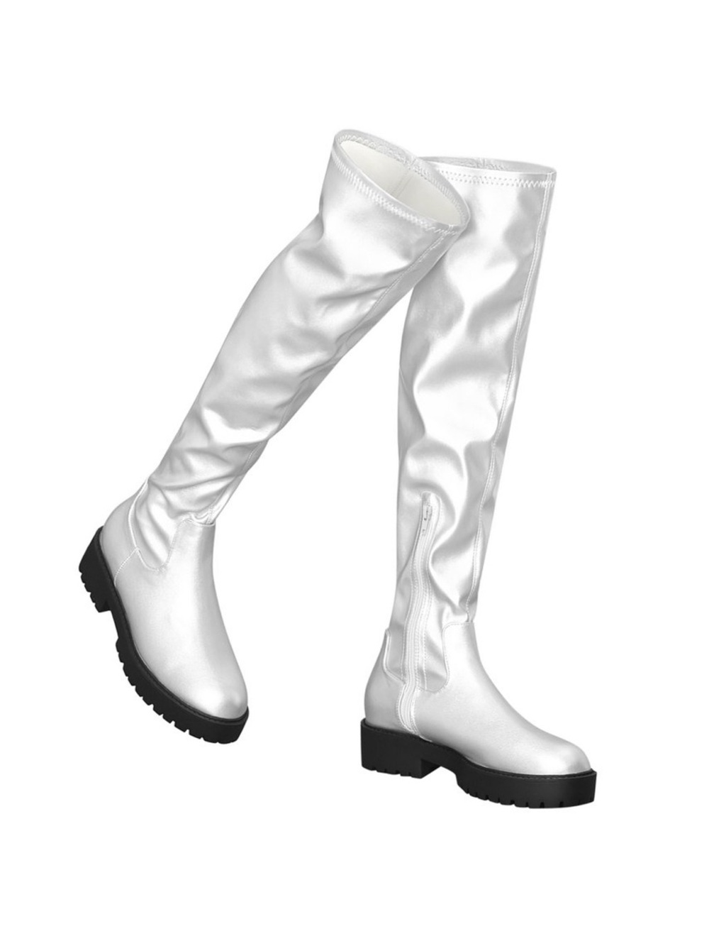 High Platform, Over The Knee, Chunky Low Heel, Round Toe Boots In Silver